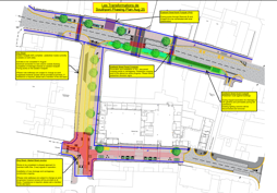 An image of the next plan of phasing for August. On Eastbank Street footpath, Chapel Street side, paving works through to Sharrock Street and Chapel Street is to be coordinated with local stakeholders. On Eastbank Street South Footpath, pedestrian route is maintained against buildings and during August excavation for drainage for rain gardens and permeable paving will commence. Existing lighting columns will be disconnected and removed. On the crossing further up, excavation and installation of the 3rd new paved crossing points in the carriageway continue. Pedestrian crossing point to be altered as works progress. On King Street, the eastern side (Market side) is 90% complete, pedestrian routes available on both sides. Activities to be completed in August are electrical connection to new column outside Subway, completion of drainage channel on western footpath, paving works on western footpath. please note walkways are subject to change as work progresses however access will be provided at all times. If assistance is required, please ask a member of the site team. On King Street - Market Street Junction, works are to be completed in a phased approach to maintain traffic flow. 2-way signals are in operation. Installation of new drainage and carriageway construction is ongoing. Walkways are subject to change as work progresses however access will be provided at all times. If assistance is required, please ask a member of the site team.