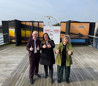 Patrick Hurley MP, Councillor Marion Atkinson, Councillor Paulette Lappin give thumbs up on Southport Pier 