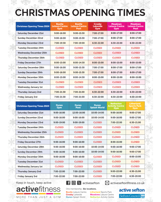 Leisure centre Christmas Opening Times