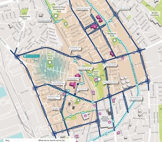 A map of the area around North Park in Bootle, showing the schools and key routes through the area taken by young people traveling to school. Some comments from the pupils are added in.